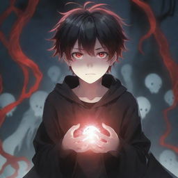 An anime boy oozing with coolness and cuteness, surrounded by a ghostly horror atmosphere. He exhibits black and red magical superpowers flowing from his hands, with his rad hair and intriguing eyes enhancing his presence. A spectral ghost looms in the background.