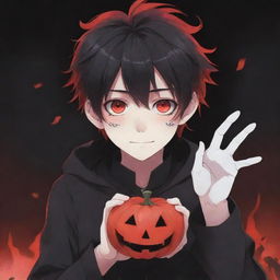 An irresistibly cool and cute anime boy, infused with a ghostly horror atmosphere. His hands project black and red superpowers, his cool hairstyle and enchanting eyes captivate, while a spooky ghost broods in the background.