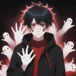 An irresistibly cool and cute anime boy, infused with a ghostly horror atmosphere. His hands project black and red superpowers, his cool hairstyle and enchanting eyes captivate, while a spooky ghost broods in the background.