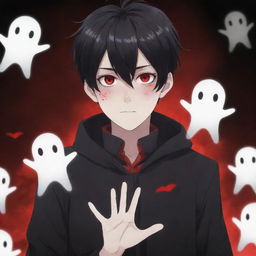 An irresistibly cool and cute anime boy, infused with a ghostly horror atmosphere. His hands project black and red superpowers, his cool hairstyle and enchanting eyes captivate, while a spooky ghost broods in the background.