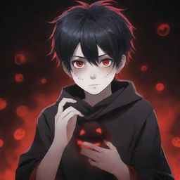 An irresistibly cool and cute anime boy, infused with a ghostly horror atmosphere. His hands project black and red superpowers, his cool hairstyle and enchanting eyes captivate, while a spooky ghost broods in the background.