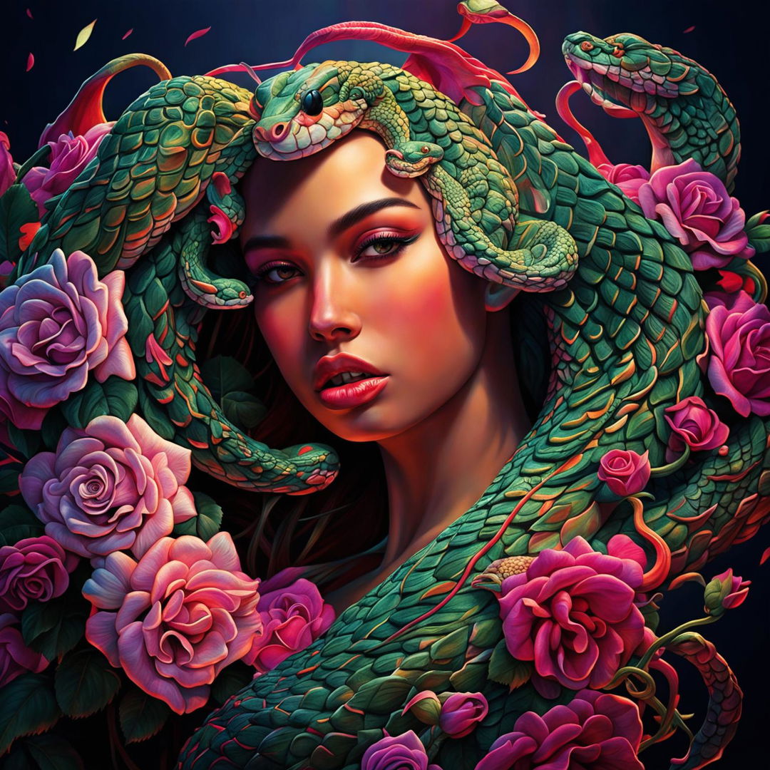 Hyper-realistic image of a beautiful, enchanting, exotic olive-skinned Medusa with olive green snake hair, tan skin, green eyes, full Cupid’s bow lips, positive canthal tilt, and stunning scaled patterns.