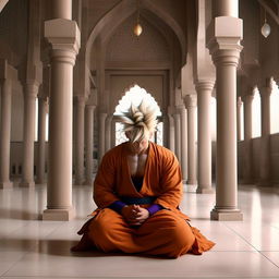 Goku showing respect by praying in a mosque, dressed appropriately for the setting