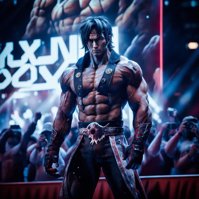 A high-quality digital art image depicting Tekken's Jin Kazama on stage at the Mr