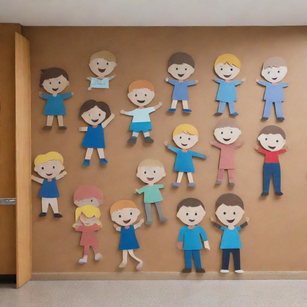 Cartoon cutout artwork crafted from kraft card displayed on a school wall