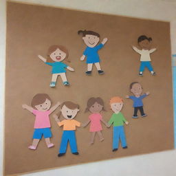 Cartoon cutout artwork crafted from kraft card displayed on a school wall