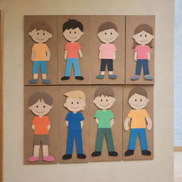 Cartoon cutout artwork crafted from kraft card displayed on a school wall