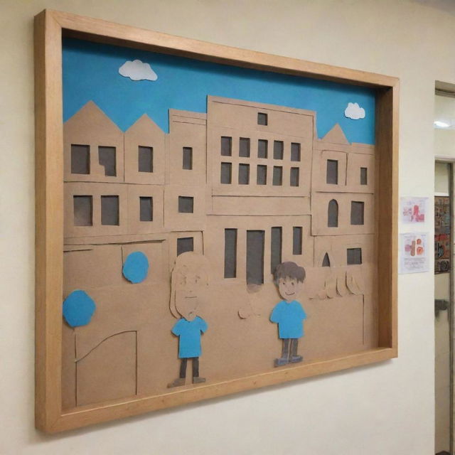 Cartoon cutout artwork crafted from kraft card displayed on a school wall