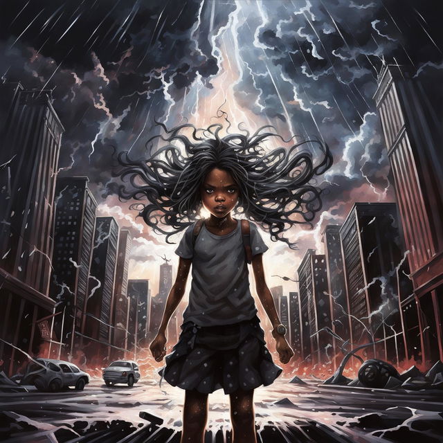 A young girl with suppressed powers loses control, her silent scream echoing through a city she razes with her unleashed energy. The scene is emotional, the city's destruction mirroring her inner turmoil.