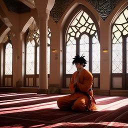 Goku showing respect by praying in a mosque, dressed appropriately for the setting