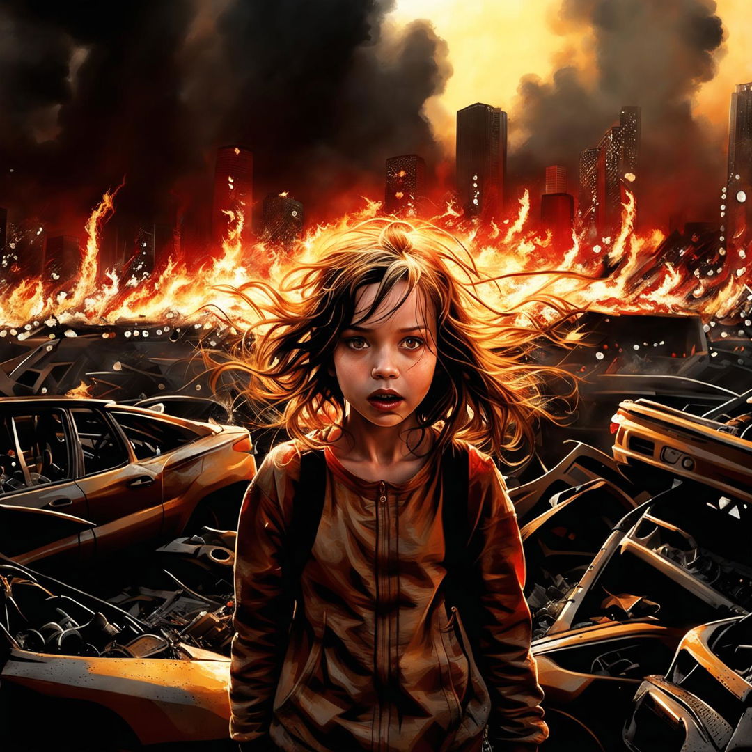 A photograph capturing a young girl losing control of her powers amidst a city engulfed in flames.