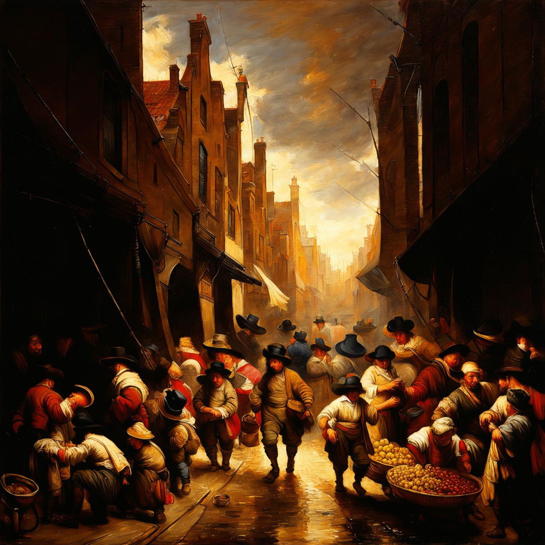 A Rembrandt-style painting of a bustling market street, filled with vendors and shoppers, bathed in the warm, dramatic lighting characteristic of the Dutch master's work.