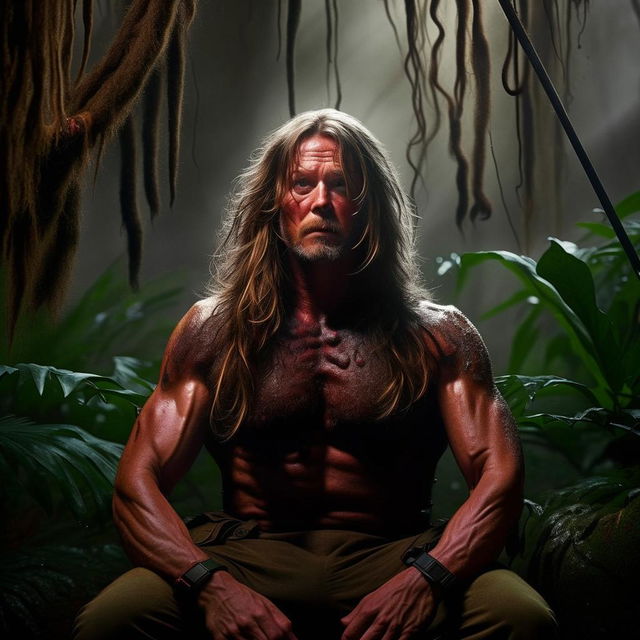 Modify the image of super-muscular Rambo and Commando with long Gandalf-esque hair, now in a calm, focused state performing the Wim Hof breathing method amidst the dense jungle environment.