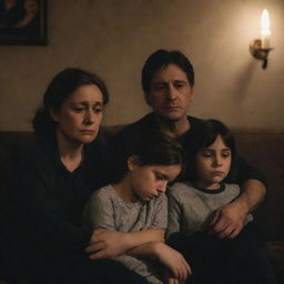 A family enclosed in a somber atmosphere. Their eyes welling with tears, expressions heavy with sorrow. They are seated together in a dimly lit room, providing comfort to each other.