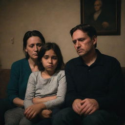 A family enclosed in a somber atmosphere. Their eyes welling with tears, expressions heavy with sorrow. They are seated together in a dimly lit room, providing comfort to each other.