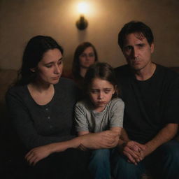 A family enclosed in a somber atmosphere. Their eyes welling with tears, expressions heavy with sorrow. They are seated together in a dimly lit room, providing comfort to each other.