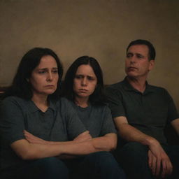 A family enclosed in a somber atmosphere. Their eyes welling with tears, expressions heavy with sorrow. They are seated together in a dimly lit room, providing comfort to each other.