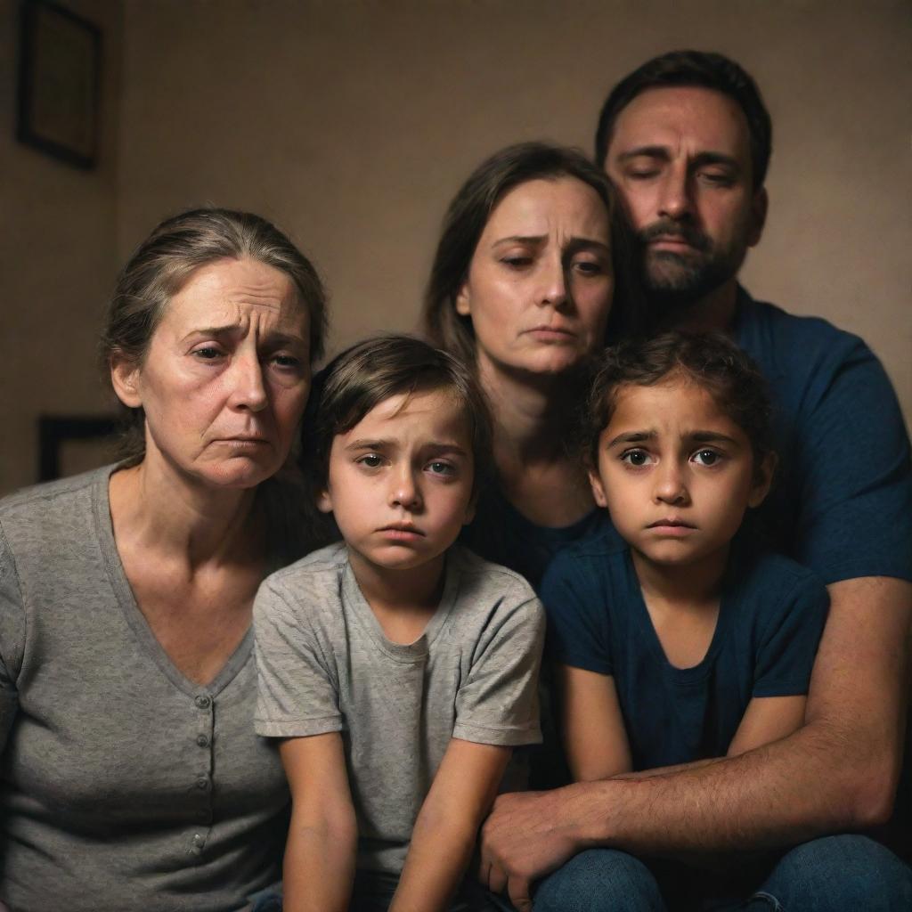 A family portrayed with emotions of deep sadness. Their eyes are teary, expressions filled with despair. They are gathered closely in a poorly lit room, providing solace to one another.