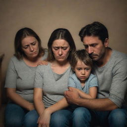 A family portrayed with emotions of deep sadness. Their eyes are teary, expressions filled with despair. They are gathered closely in a poorly lit room, providing solace to one another.