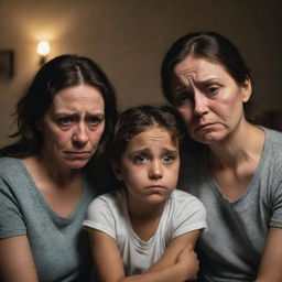 A family portrayed with emotions of deep sadness. Their eyes are teary, expressions filled with despair. They are gathered closely in a poorly lit room, providing solace to one another.