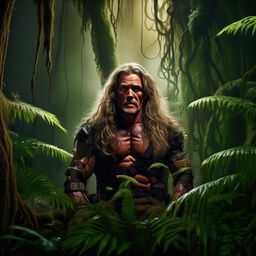 Modify the image of super-muscular Rambo and Commando with long Gandalf-esque hair, now in a calm, focused state performing the Wim Hof breathing method amidst the dense jungle environment.