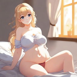 A high-quality digital art featuring a voluptuous anime girl with blonde hair