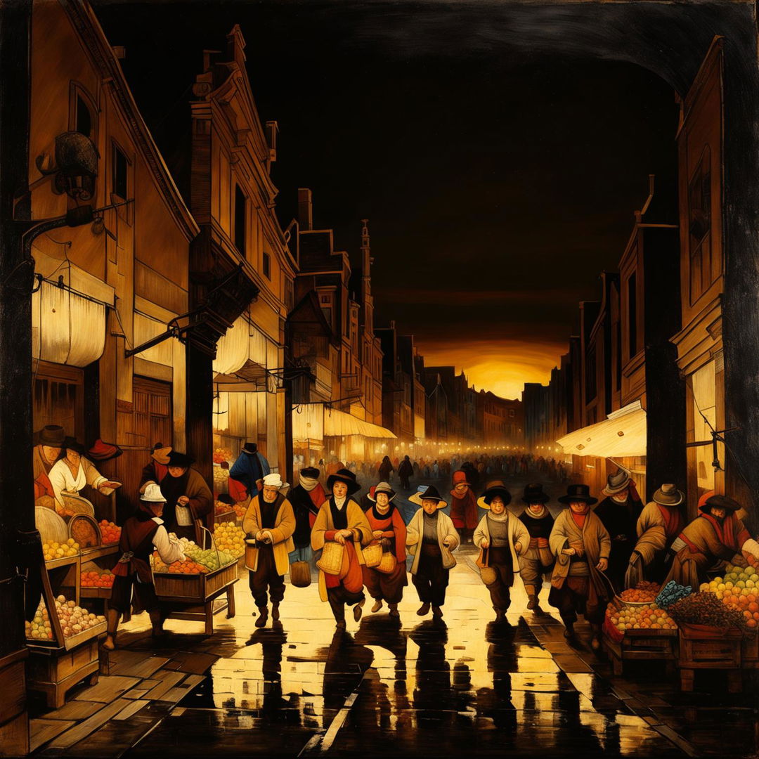 A bustling market street painting in the style of Rembrandt, featuring a building designed in the architectural style of Toyo Ito, creating a unique blend of classic and modern.