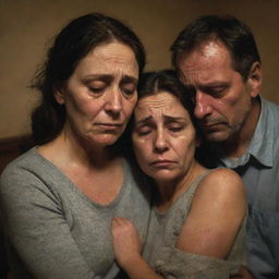 A family shown in extreme sorrow. Their eyes are filled with tears, expressions immensely heavy with sadness. They're huddled in a room with low lighting as they comfort each other amidst their devastating emotions.