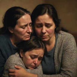 A family shown in extreme sorrow. Their eyes are filled with tears, expressions immensely heavy with sadness. They're huddled in a room with low lighting as they comfort each other amidst their devastating emotions.