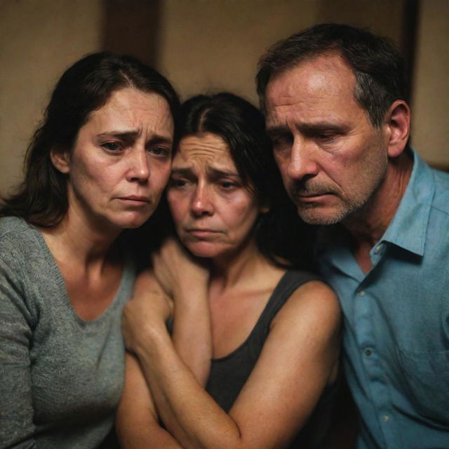 A family shown in extreme sorrow. Their eyes are filled with tears, expressions immensely heavy with sadness. They're huddled in a room with low lighting as they comfort each other amidst their devastating emotions.