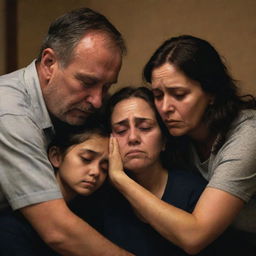 A family shown in extreme sorrow. Their eyes are filled with tears, expressions immensely heavy with sadness. They're huddled in a room with low lighting as they comfort each other amidst their devastating emotions.