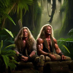 Modify the image of super-muscular Rambo and Commando with long Gandalf-esque hair, now in a calm, focused state performing the Wim Hof breathing method amidst the dense jungle environment.