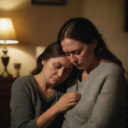 A family overwhelmed with grief, their eyes brimming with tears and faces displaying remarkable sadness. They are consoled in each other's arms, encased in a dim-lit room that adds to the melancholic ambiance.