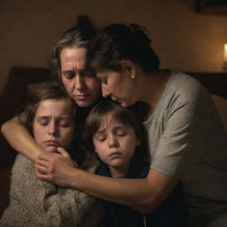 A family overwhelmed with grief, their eyes brimming with tears and faces displaying remarkable sadness. They are consoled in each other's arms, encased in a dim-lit room that adds to the melancholic ambiance.