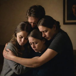 A family overwhelmed with grief, their eyes brimming with tears and faces displaying remarkable sadness. They are consoled in each other's arms, encased in a dim-lit room that adds to the melancholic ambiance.