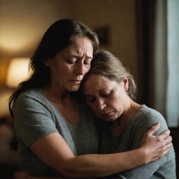 A family overwhelmed with grief, their eyes brimming with tears and faces displaying remarkable sadness. They are consoled in each other's arms, encased in a dim-lit room that adds to the melancholic ambiance.