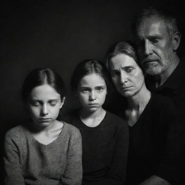 A family overcome with intense sadness in an unexpected, disheartening setting. Their faces etched with grief, teary eyes speak volumes. In a dimly lit environment, they seek comfort from their shared sorrow.