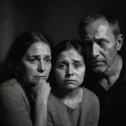 A family overcome with intense sadness in an unexpected, disheartening setting. Their faces etched with grief, teary eyes speak volumes. In a dimly lit environment, they seek comfort from their shared sorrow.