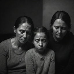 A family overcome with intense sadness in an unexpected, disheartening setting. Their faces etched with grief, teary eyes speak volumes. In a dimly lit environment, they seek comfort from their shared sorrow.