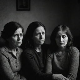 A family overcome with intense sadness in an unexpected, disheartening setting. Their faces etched with grief, teary eyes speak volumes. In a dimly lit environment, they seek comfort from their shared sorrow.