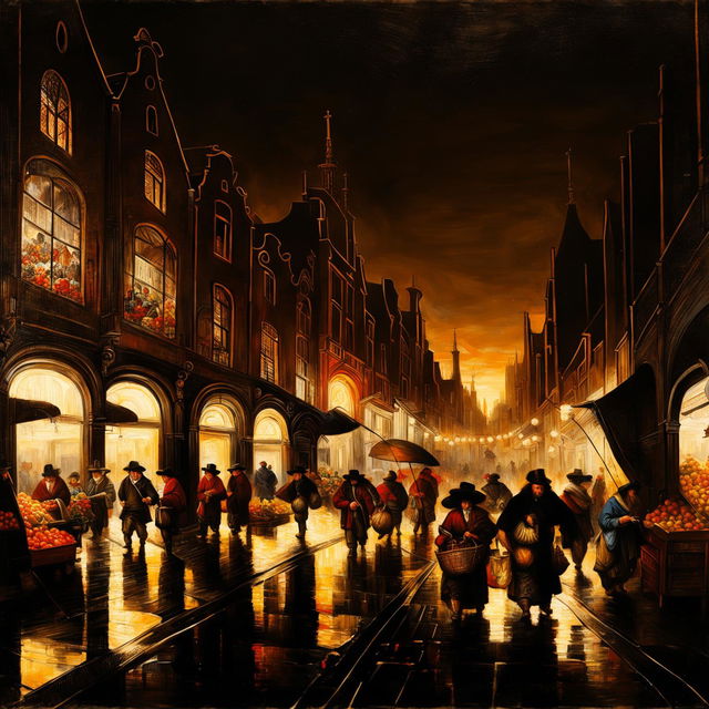 A bustling market street painting in the style of Rembrandt, featuring a building designed in the architectural style of Zaha Hadid, creating a unique blend of classic and modern.