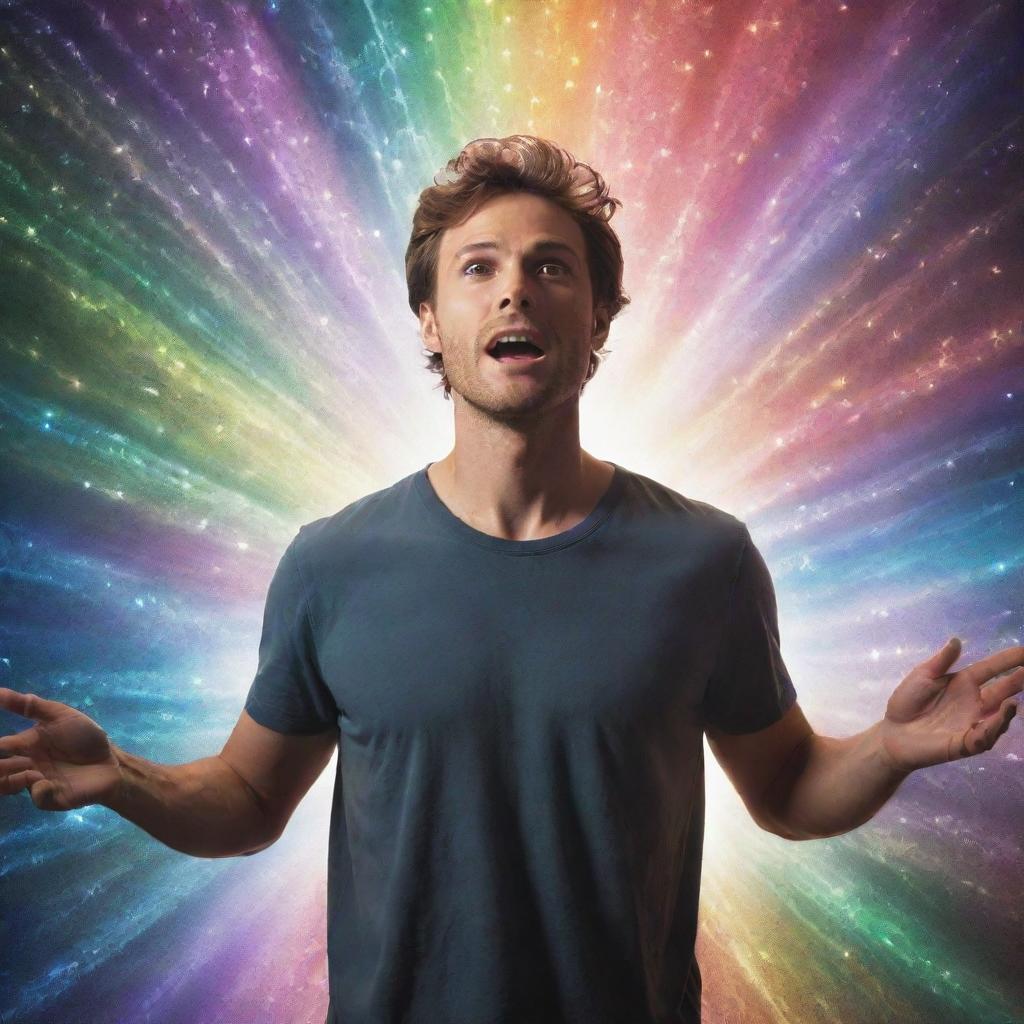 A man emanating radiant energy with supernatural and fantastic qualities. He is surrounded by magical sparkles, illuminated in the vibrantly colored backdrop of an ethereal landscape.