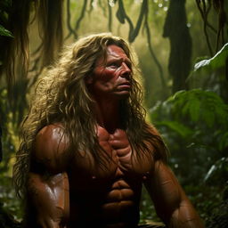 Modify the image of super-muscular Rambo and Commando with long Gandalf-esque hair, now in a calm, focused state performing the Wim Hof breathing method amidst the dense jungle environment.