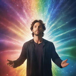 A man emanating radiant energy with supernatural and fantastic qualities. He is surrounded by magical sparkles, illuminated in the vibrantly colored backdrop of an ethereal landscape.