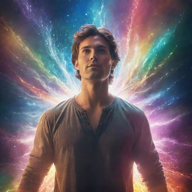 A man emanating radiant energy with supernatural and fantastic qualities. He is surrounded by magical sparkles, illuminated in the vibrantly colored backdrop of an ethereal landscape.