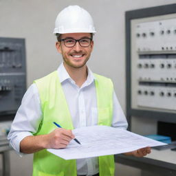 An adorable individual wearing technical gear, glasses, and holding electric diagrams. Their charm is made evident by their bright smile and passionate engagement with their engineering work.