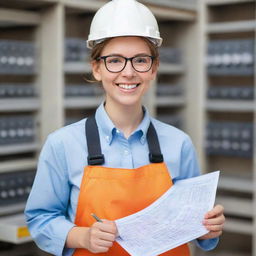 An adorable individual wearing technical gear, glasses, and holding electric diagrams. Their charm is made evident by their bright smile and passionate engagement with their engineering work.