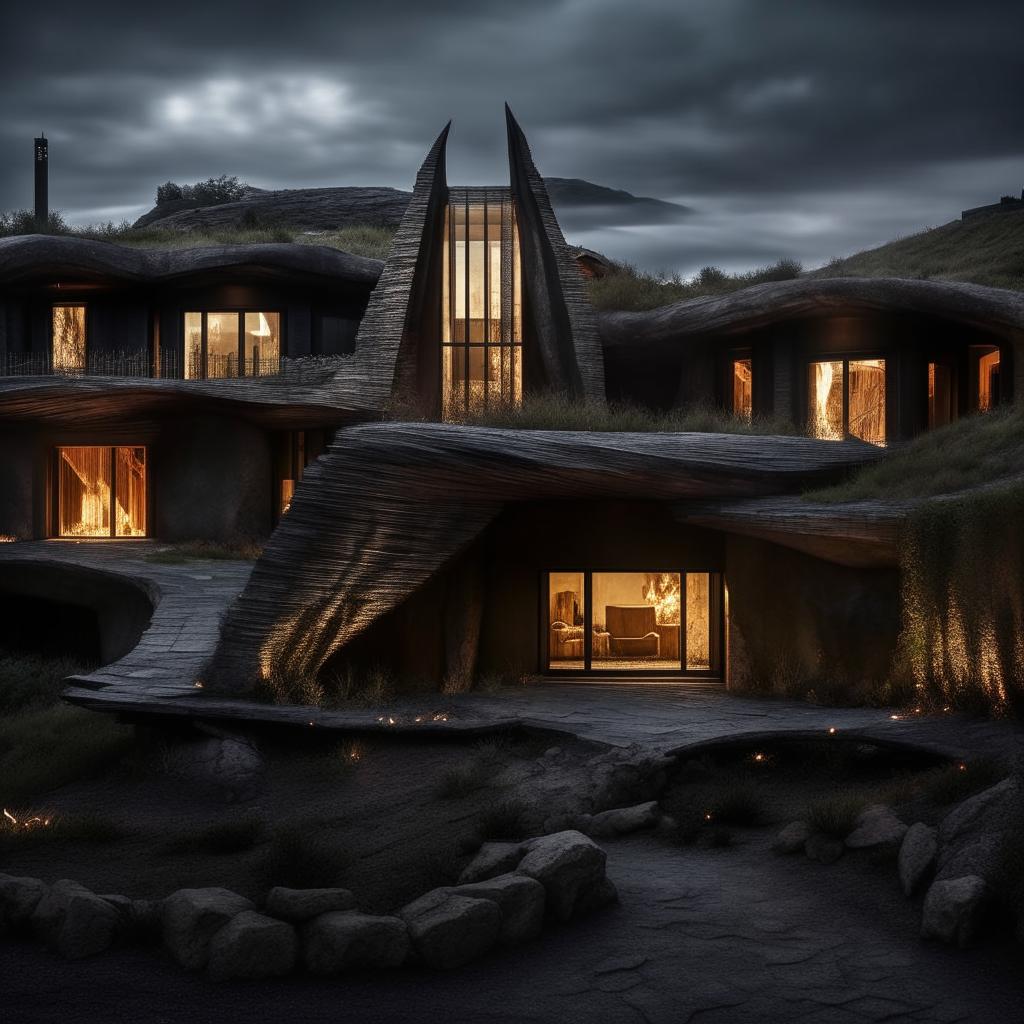 House designed in the dark, ominous architecture style of Mordor from Lord of the Rings, with jagged lines, oppressive stones, and fire-lit surroundings