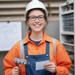 An adorable individual wearing technical gear, glasses, and holding electric diagrams. Their charm is made evident by their bright smile and passionate engagement with their engineering work.