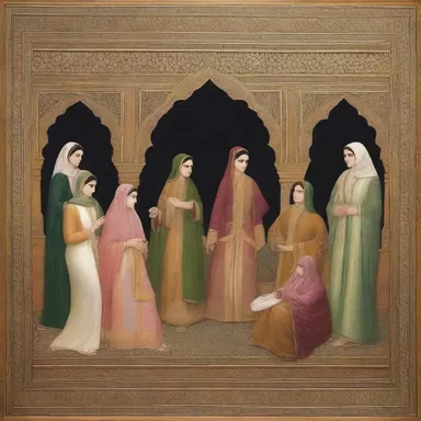 The painting depicted an opulent hareem filled with elegantly dressed women, capturing the essence of a Muslim household.